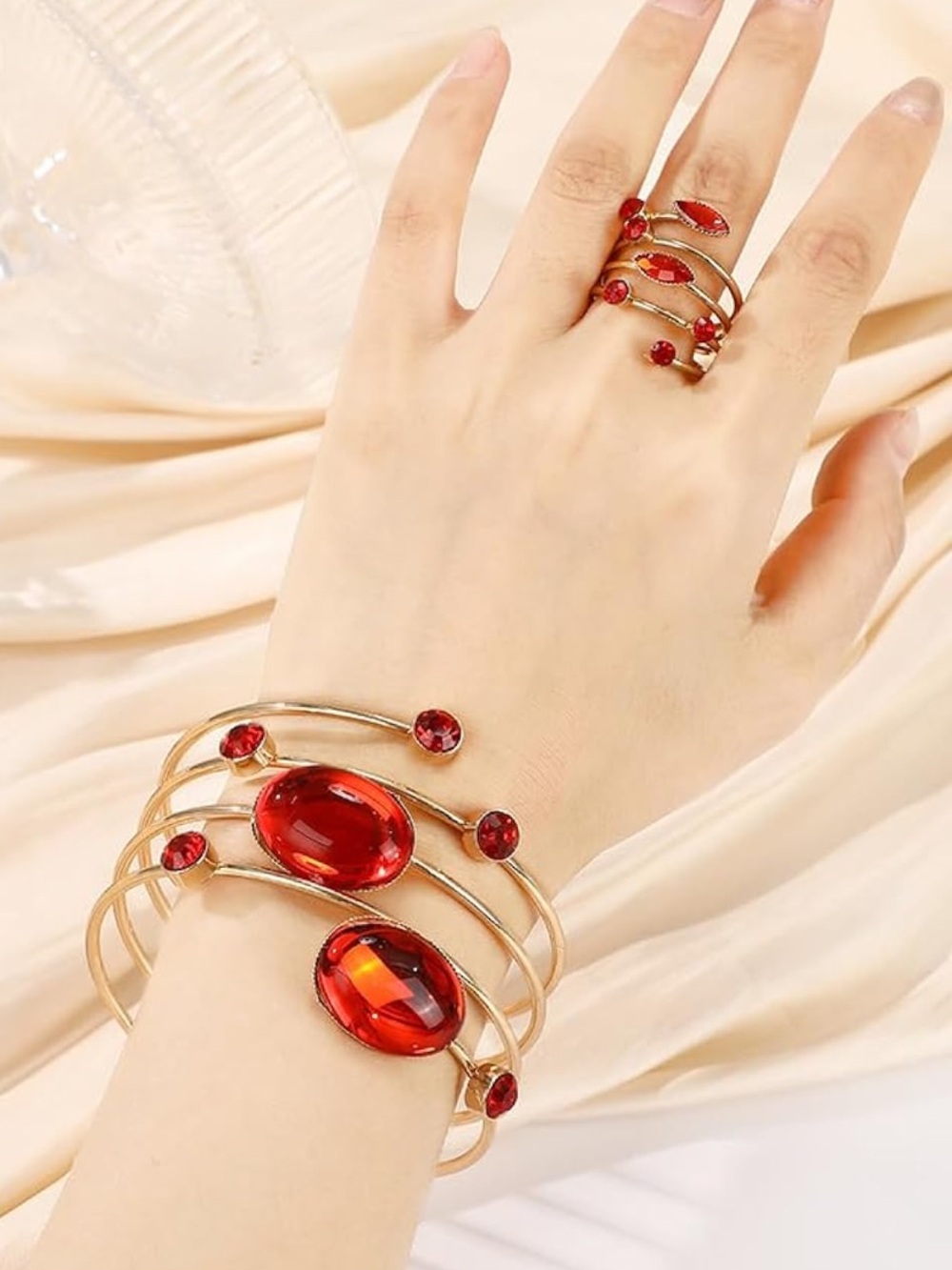 Anthropologie Gold-Tone Bracelet and Ring Set with Red Stones